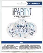Stunning Clear Glitz Happy Birthday Latex Balloons with Blue & Silver Confetti (30cm) - Ultimate Party Decor for Instant Celebration Boost - 6ct