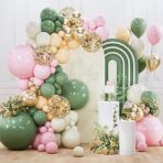PartyWoo Pink and Green Balloon Arch Kit Garland 140pcs Different Sizes of 18 12 10 5 Inch Metallic Gold Baby Pink Sage Green Sand White Nude Gold Confetti Balloons for Birthday Party Decorations