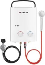 CAMPLUX 5L Portable Tankless Water Heater, 1.32 GPM Outdoor Propane Shower for Camping, RV, Off-Grid, Instant Hot Water with Folding Handle, Overheat Protection, Low Pressure Startup, AY132, White